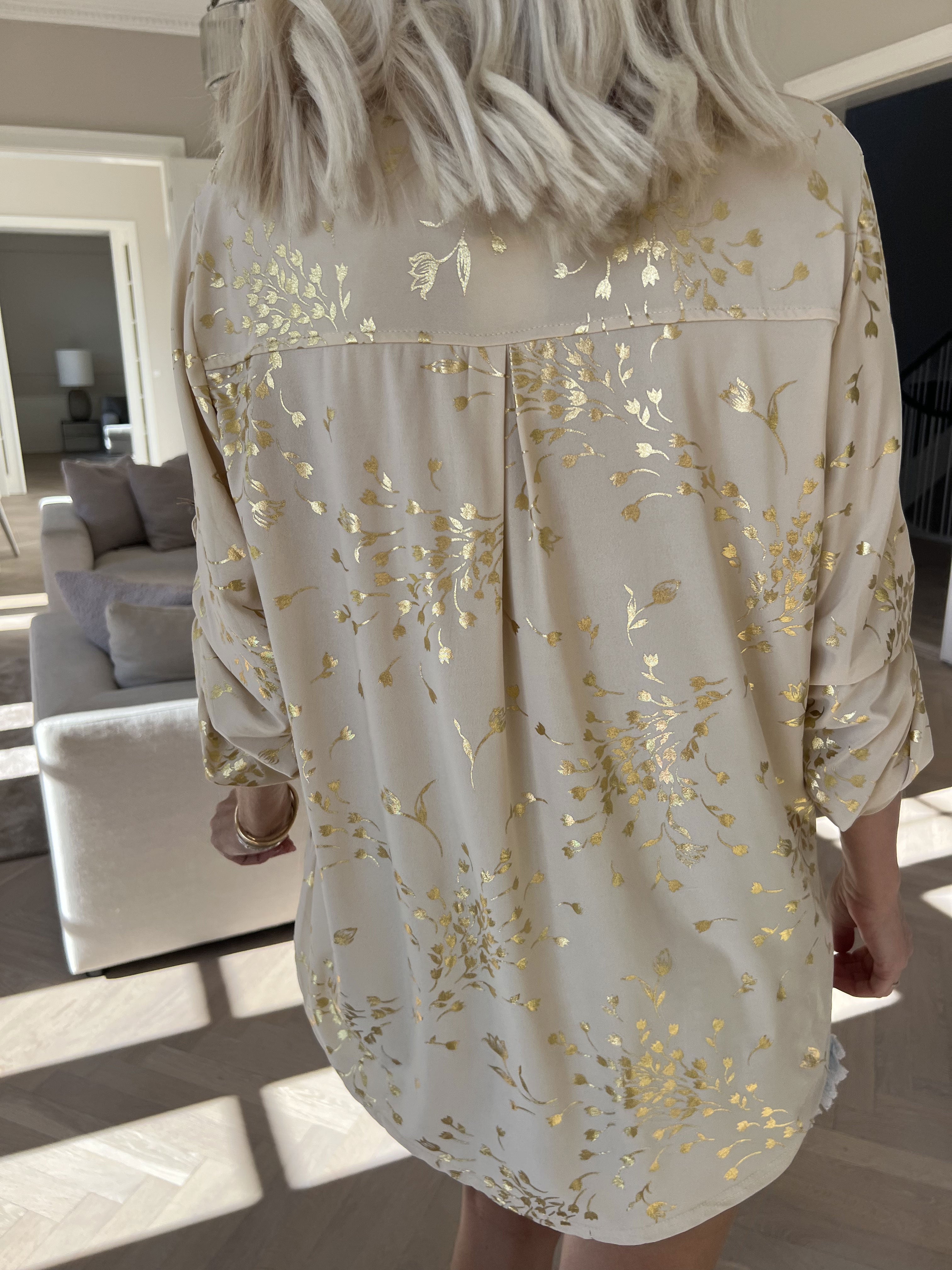 Ebba Gold Leaf Shirt - Elastisk blus mönstrad med bladguld